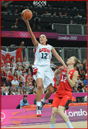 LONDON, ENGLAND - AUGUST 7: USA against Canada during their Basketball Game on Day 10 of the London 2012 Olympic Games at the Olympic Park Basketball Arena on August 7, 2012 in London, England. NOTE TO USER: User expressly acknowledges and agrees that, by downloading and/or using this Photograph, user is consenting to the terms and conditions of the Getty Images License Agreement. Mandatory Copyright Notice: Copyright 2012 NBAE (Photo by Jesse D. Garrabrant/NBAE via Getty Images)