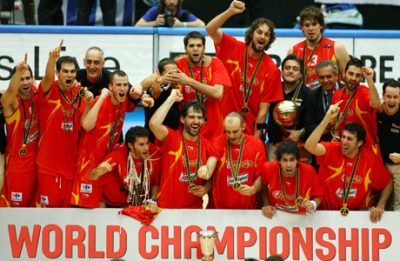 SAITAMA, JAPAN - SEPTEMBER 3: Spain celebrates against Greece during the 2006 FIBA World Championship Final Round on September 3, 2006 at the Saitama Super Arena in Saitama, Japan. Spain defeated Greece 70-47 to win the championship. NOTE TO USER: User expressly acknowledges and agrees that, by downloading and/or using this Photograph, user is consenting to the terms and conditions of the Getty Images License Agreement. Mandatory Copyright Notice: Copyright 2006 NBAE (Photo by Jesse D. Garrabrant/NBAE via Getty Images)