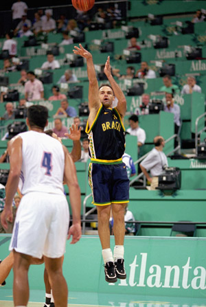 ATLANTA - JULY 20: Oscar Schmidt #14 of Brazil shoots a jump shot against Puerto Rico during the 1996 Summer Olympic Games on July 20, 1996 in Atlanta, Georgia. Brazil defeated Puerto Rico 101-98. (Photo by Doug Pensinger/Getty Images)